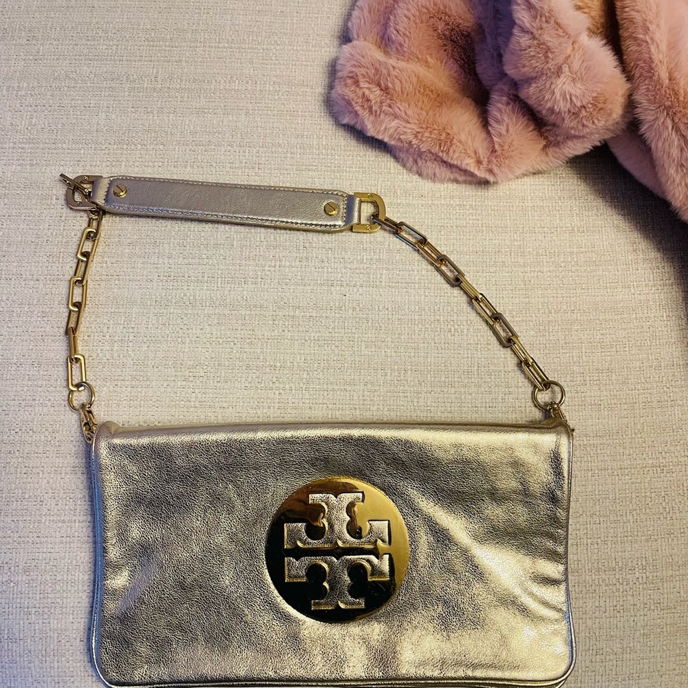 Tory Burch Gold Metallic Clutch with Chain Strap